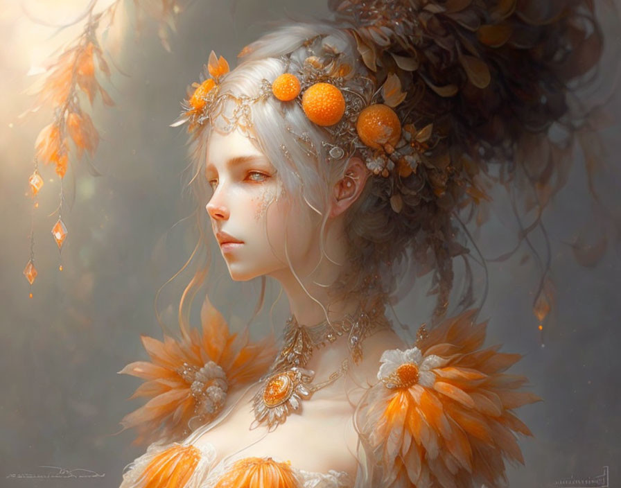 Fantasy artwork: Woman with orange blooms and berries, ethereal autumnal look