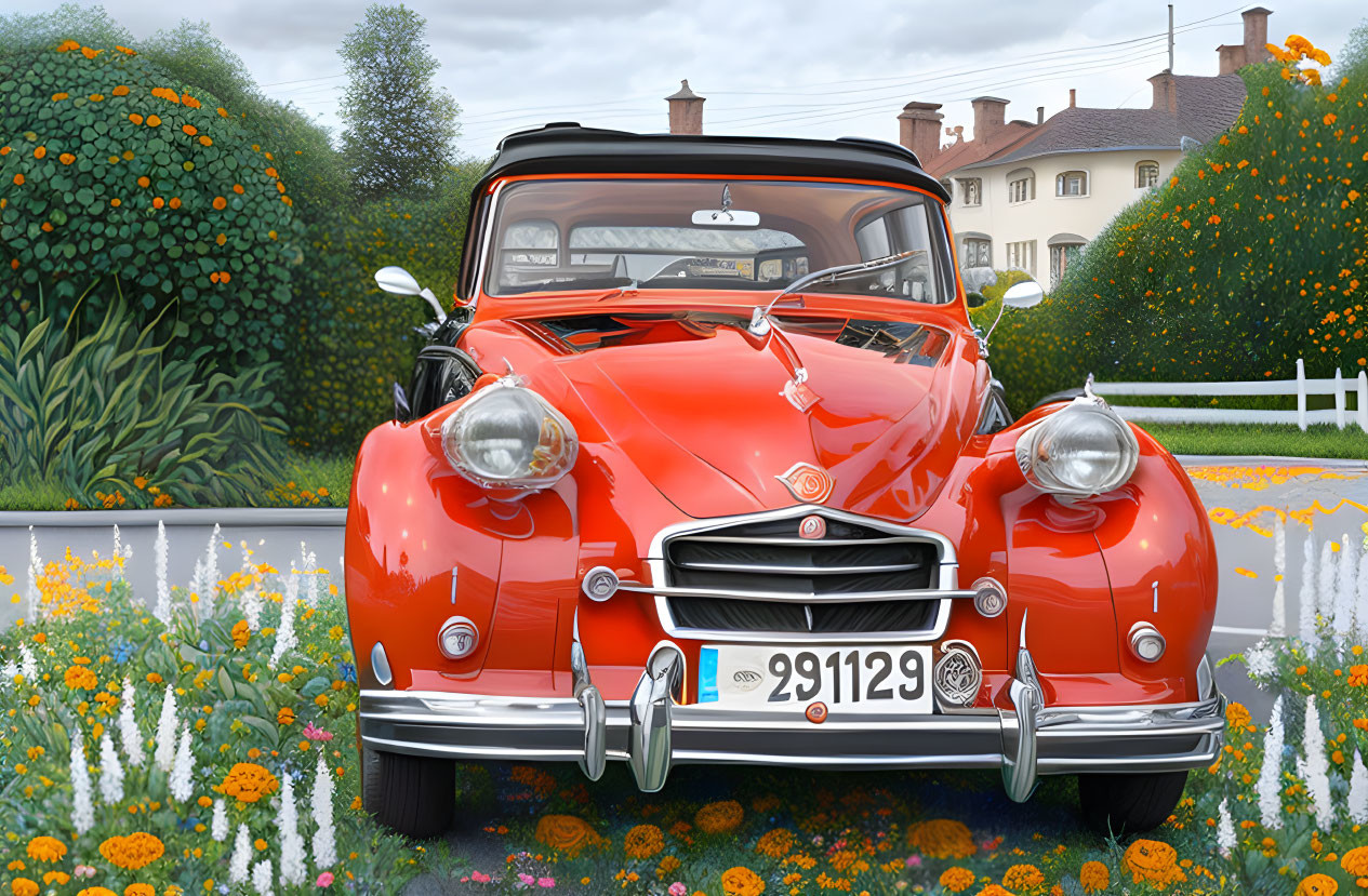 Red convertible car parked on road with vibrant flowers and greenery under cloudy sky