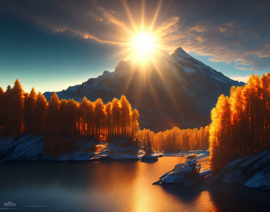 Scenic sunburst over mountain, autumn forest, and calm lake.