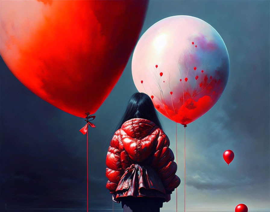 Person in red puffer jacket holding red balloon among floating red balloons under cloudy sky