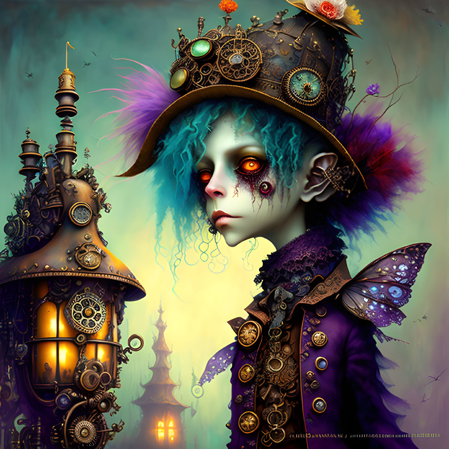 Character with Blue Hair in Steampunk Attire Beside Whimsical Lantern Structure