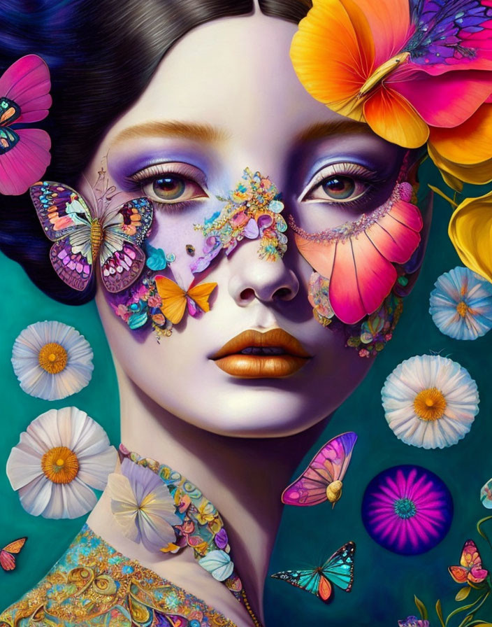 Woman's portrait with vibrant flowers and butterflies in rich hues