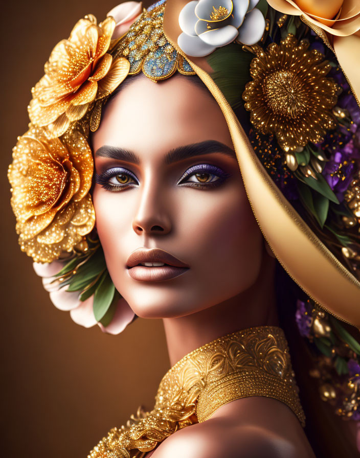 Woman with Luxurious Floral Headdress and Golden Jewelry Portrait