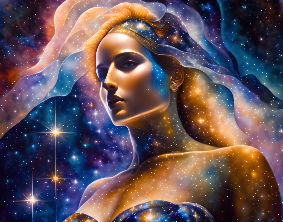 Illustration: Woman merging with starry cosmos