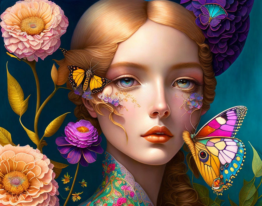 Colorful Woman with Butterfly Face Illustration and Floral Surroundings