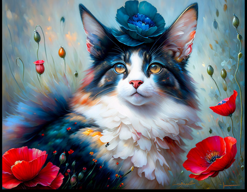 Vibrant painting of majestic cat with blue eyes and red poppies