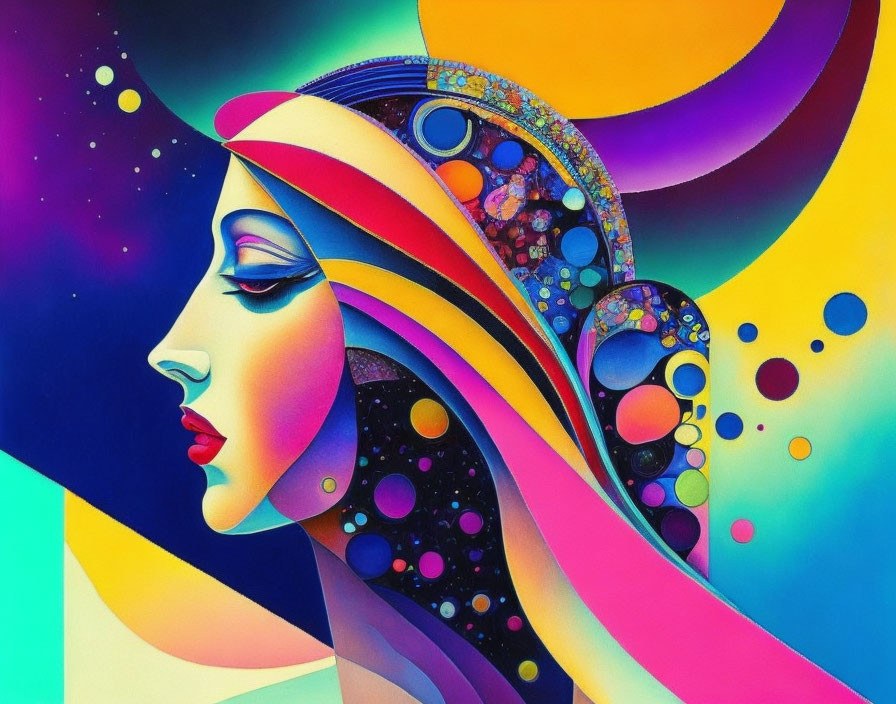 Colorful Stylized Woman Profile with Abstract Cosmic Motifs