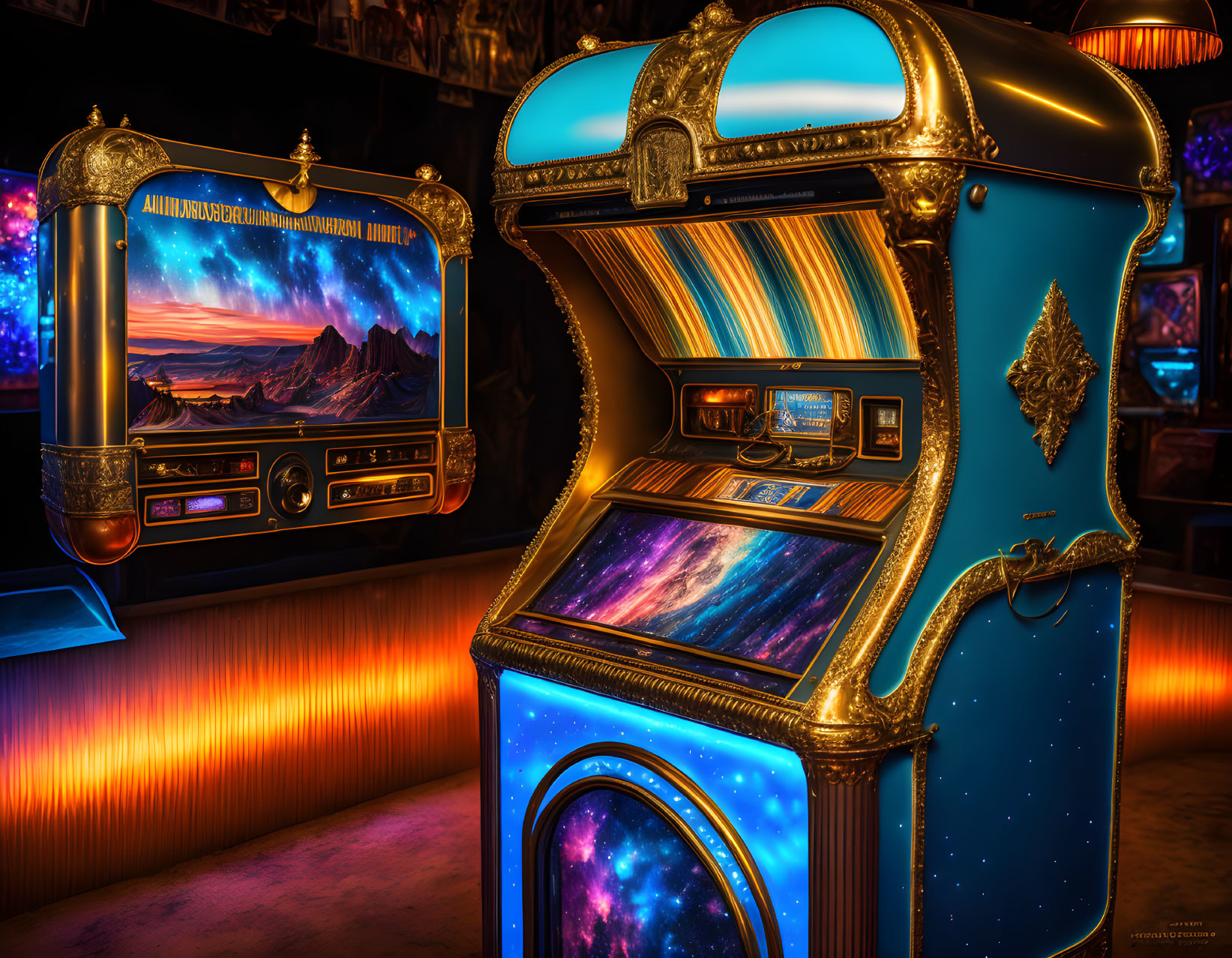 Neon-lit arcade with retro jukeboxes displaying cosmic and mountainous landscapes