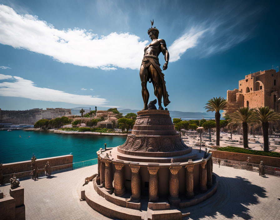 Bronze warrior statue on coastal promenade with palm trees and fortress under blue sky