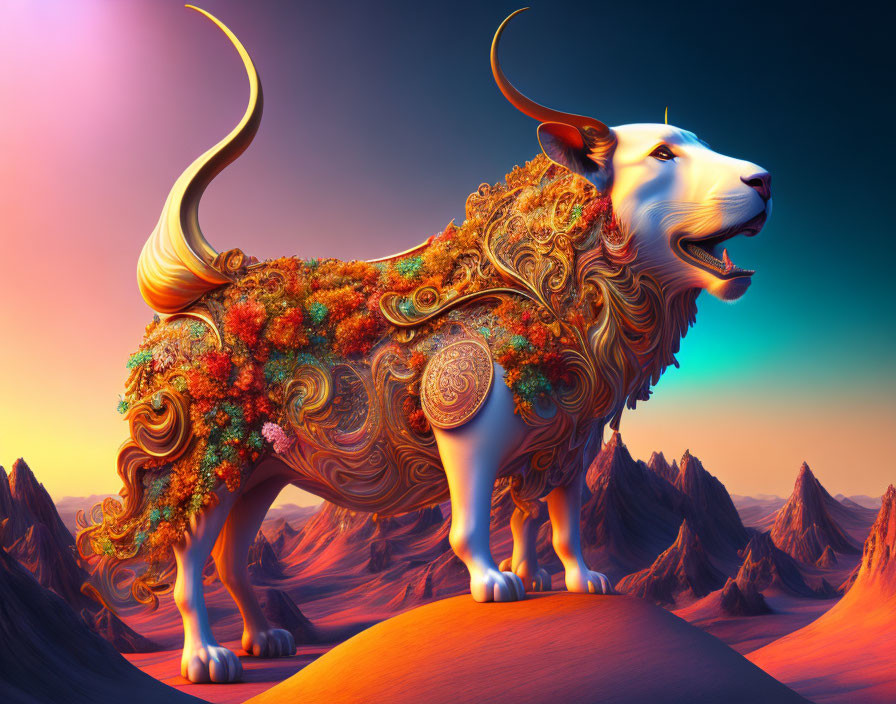 Colorful lion digital art: floral body, desert backdrop