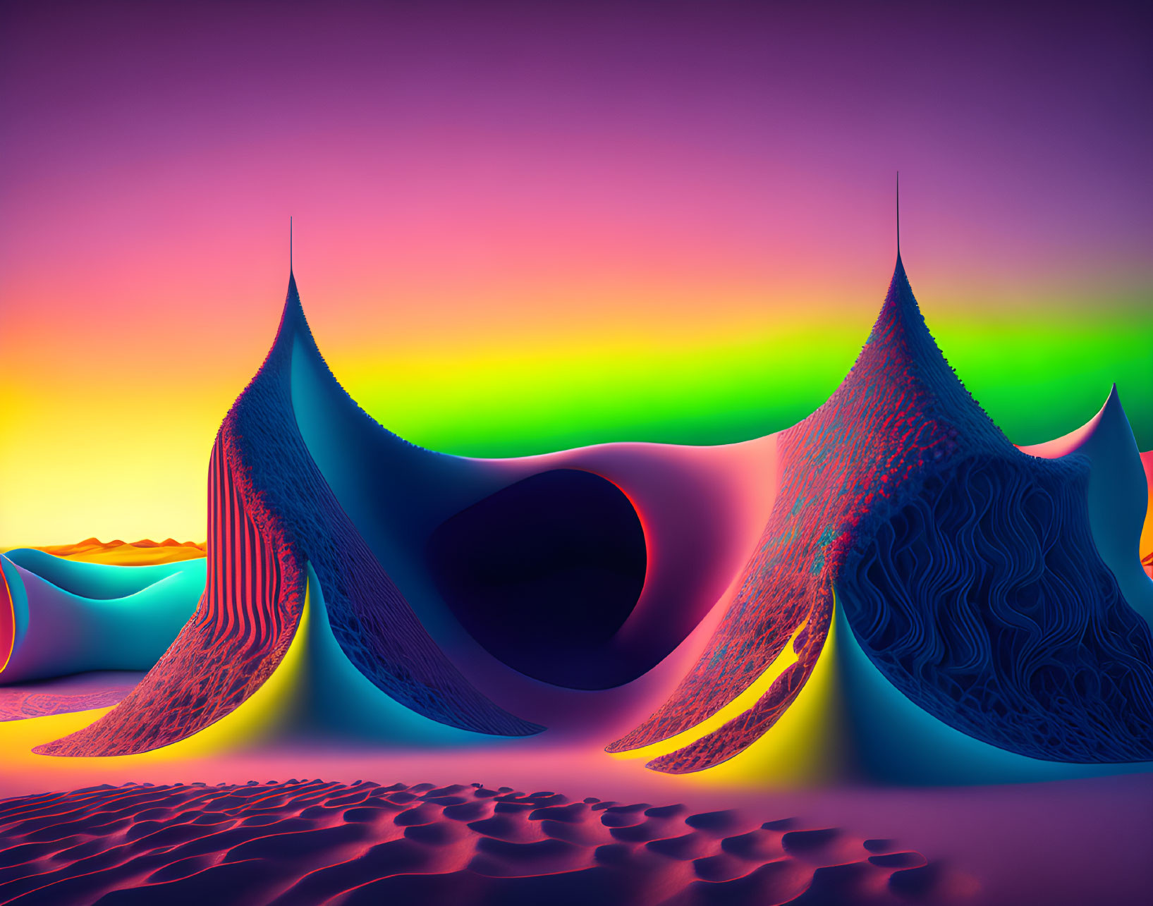 Colorful Abstract Landscape with Textured Dunes and Gradient Sky