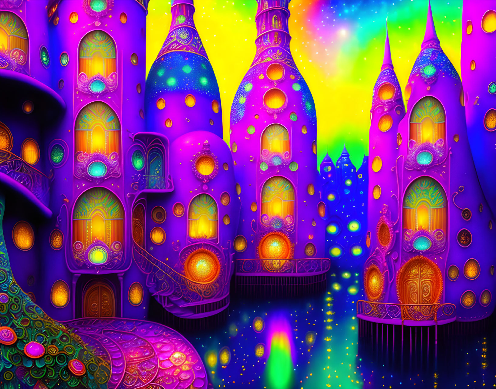 Whimsical purple towers in fantasy cityscape at night