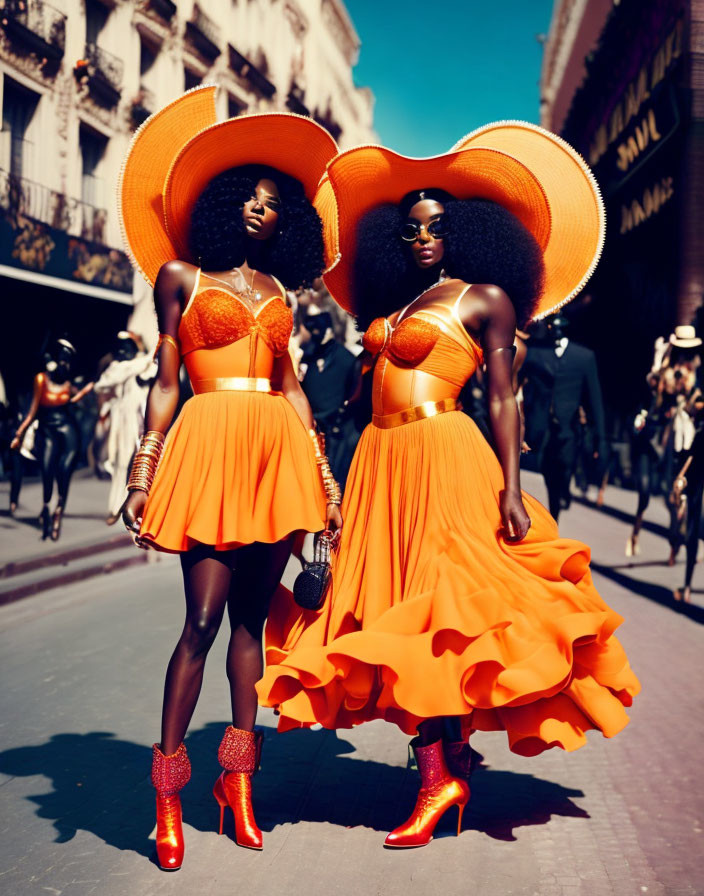 Two women in vibrant orange outfits and wide-brimmed hats on sunny street with horseback figures.