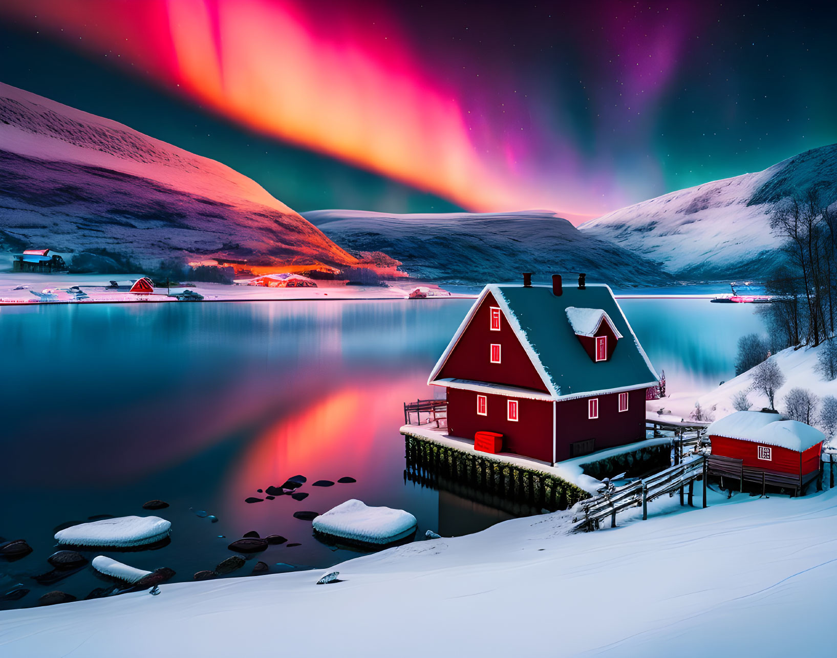 Northern Lights illuminate snowy landscape with red house by lake