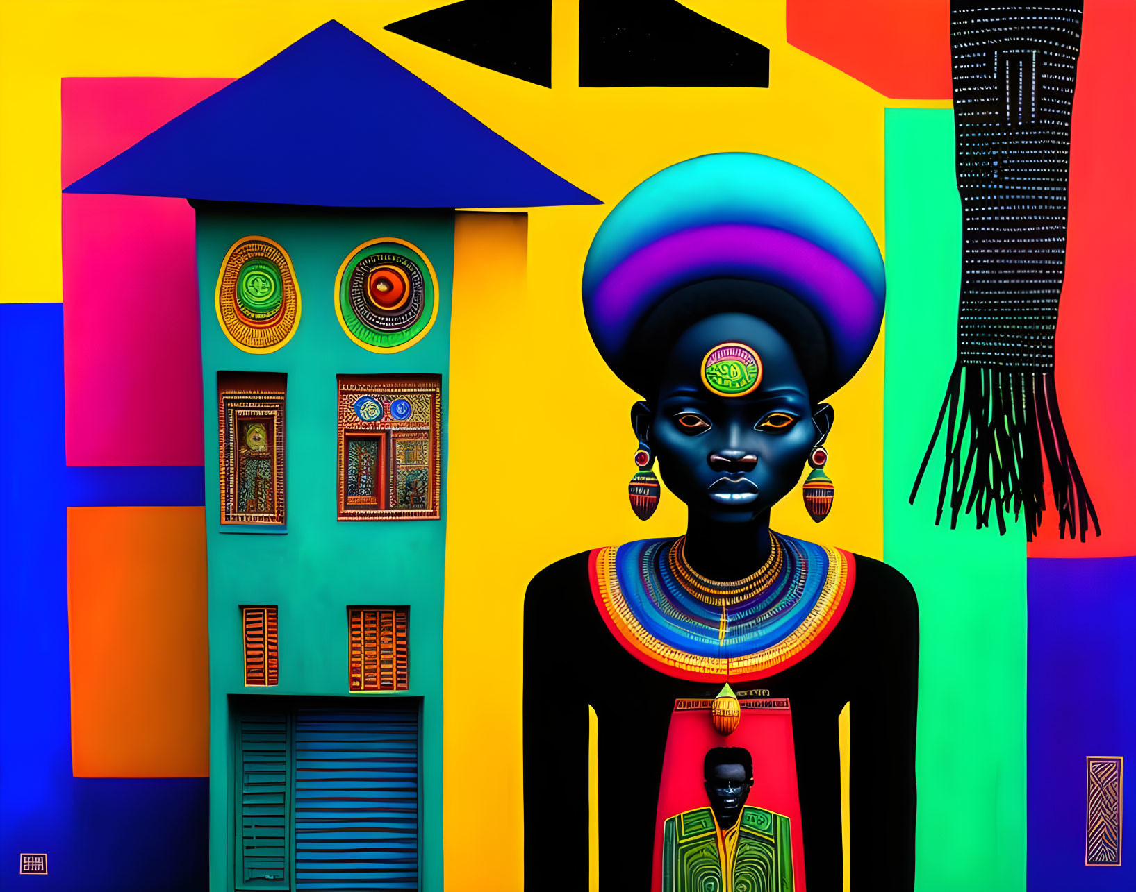 Colorful digital artwork: African woman in traditional attire with geometric shapes.