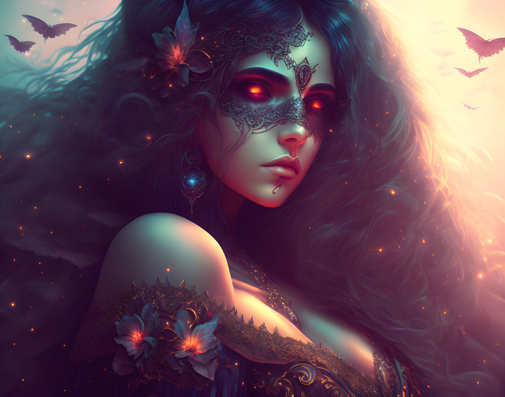 Mystical woman with masquerade mask and butterflies in starry setting