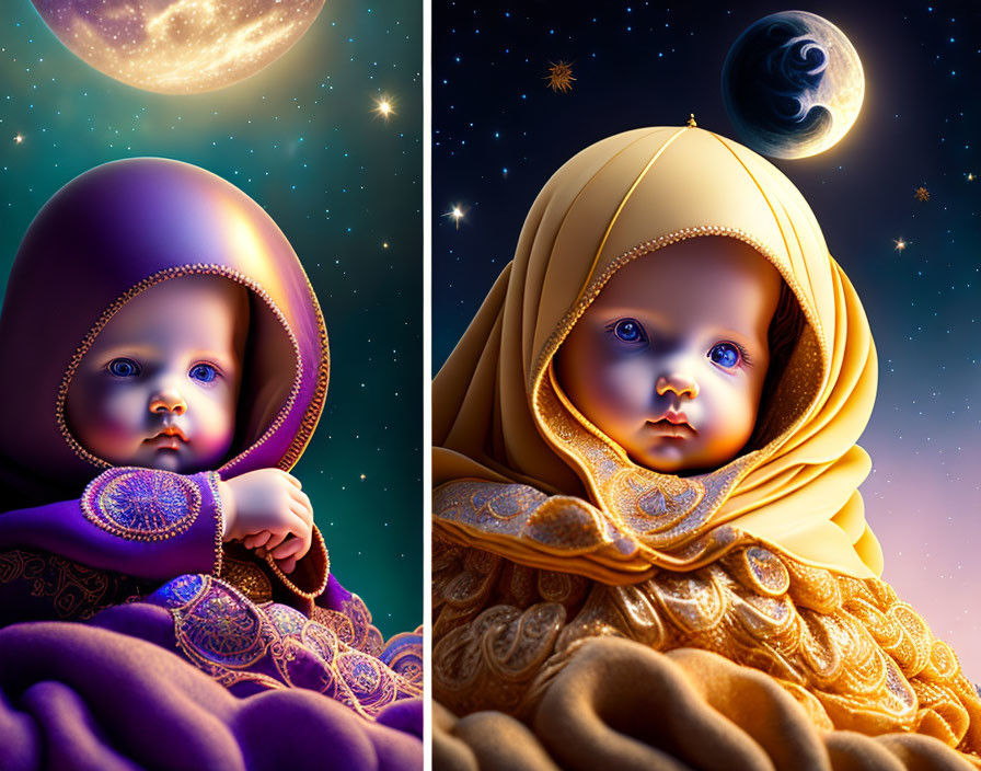 Stylized infants in ornate purple and gold fabric against celestial backdrop