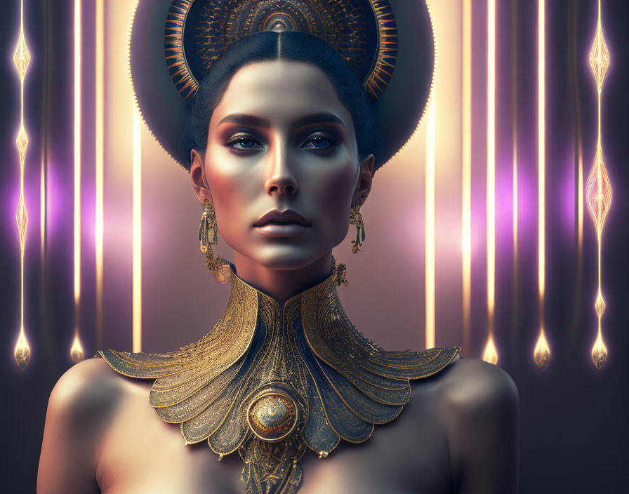 Digital portrait of a woman in ornate gold jewelry and headdress against mystical background with purple light beams