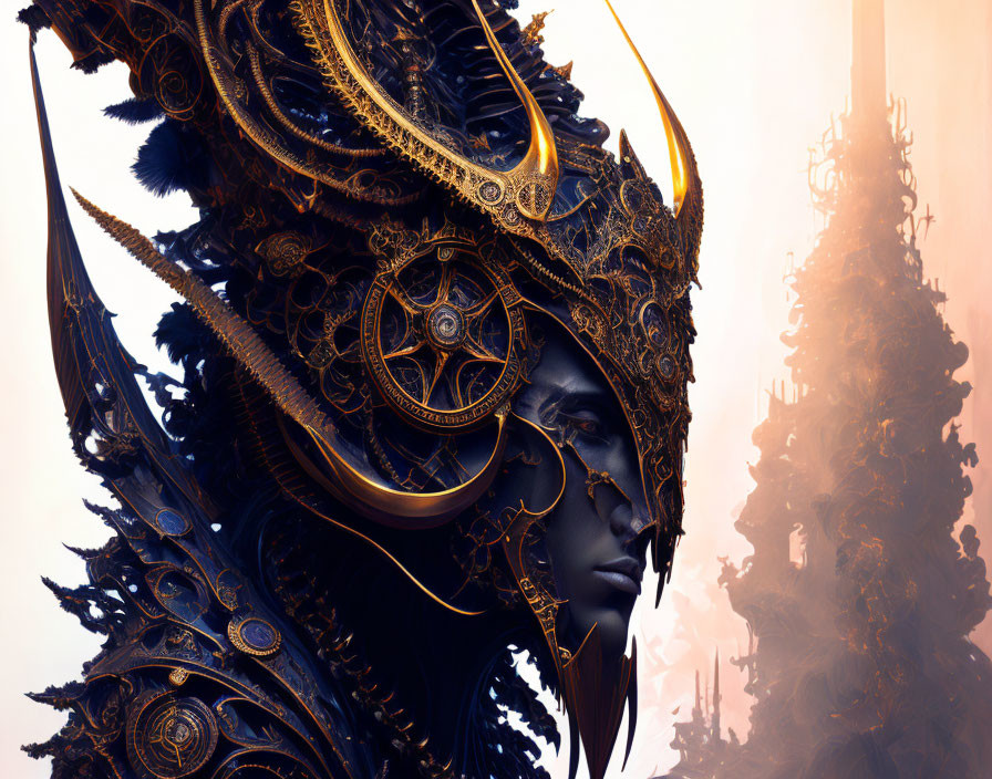 Golden ornate headdress on serene figure against misty spire background