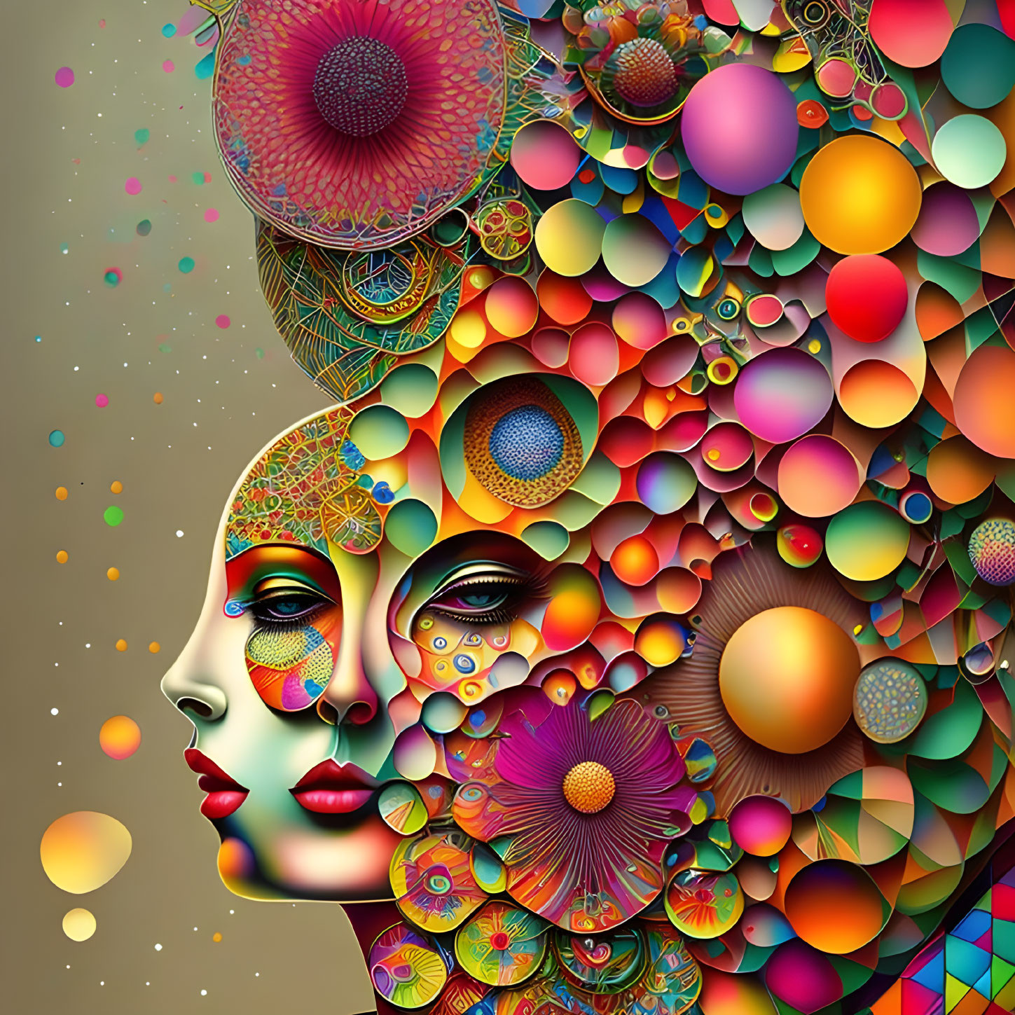 Colorful Digital Artwork Featuring Intricate Patterns and Spheres on Beige Background