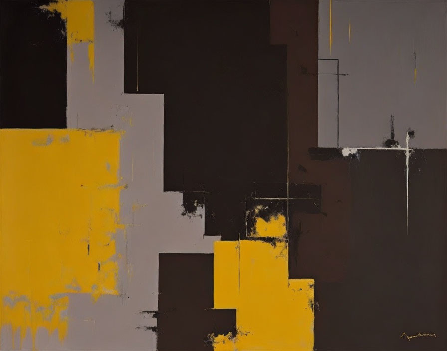 Yellow and Brown Abstract Painting with Linear Accents and Textures