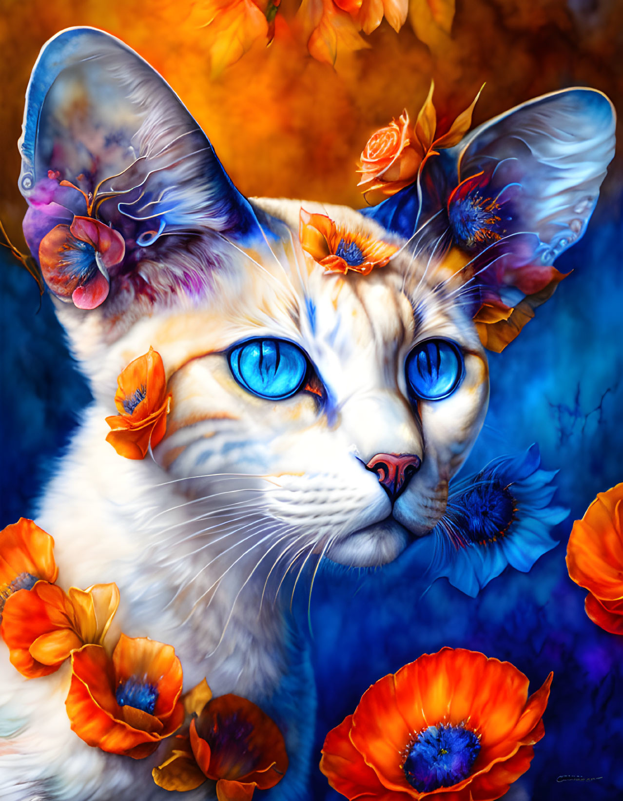 Blue-eyed cat with orange flowers and butterflies in digital art