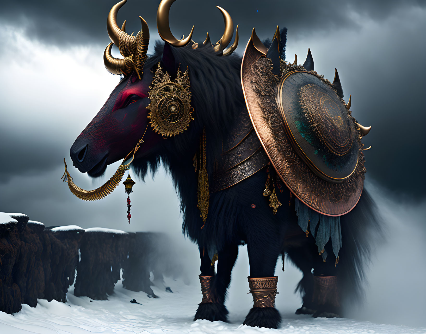 Mystical yak in ornate armor on snowy cliff