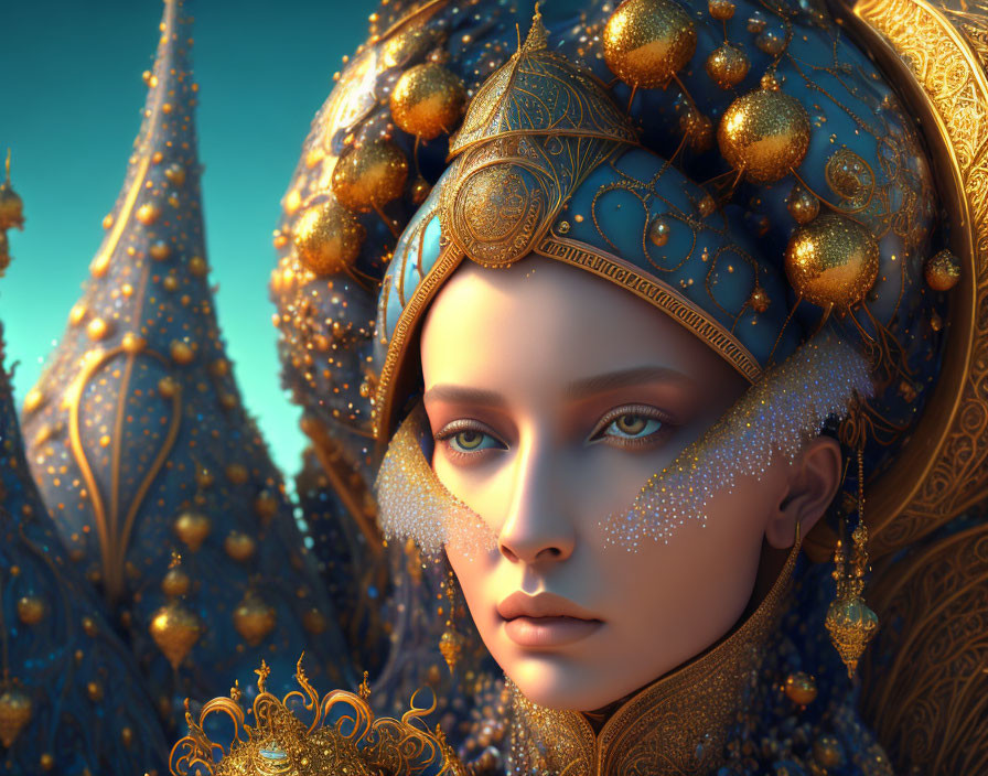 Elaborate golden headdress with blue gem on regal figure.