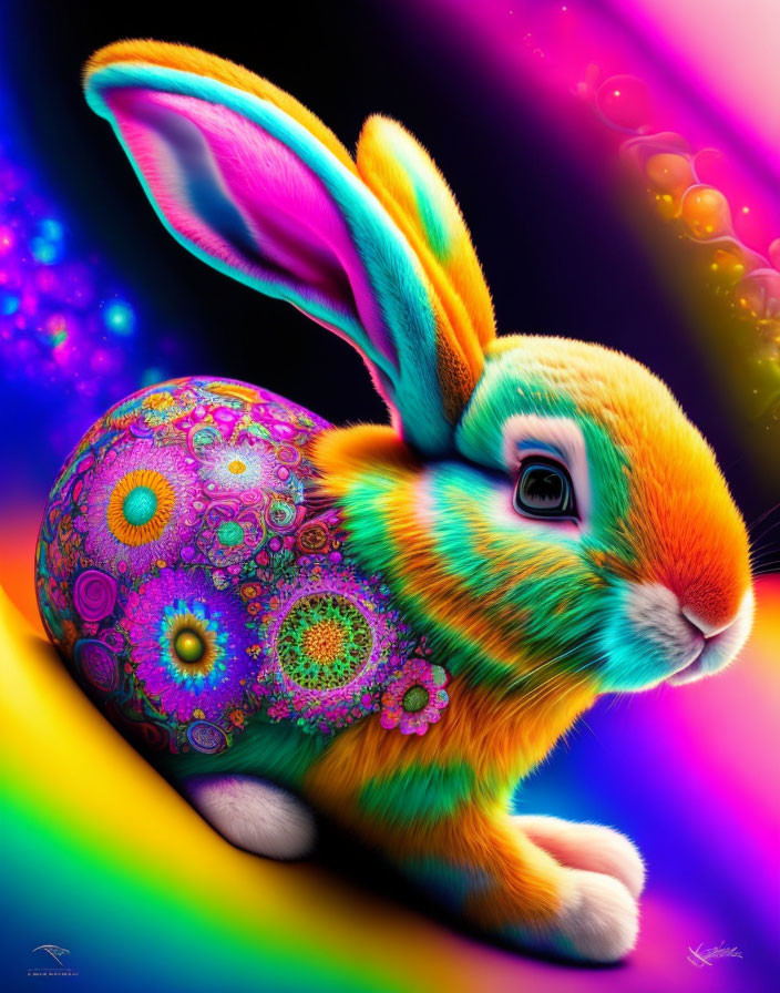 Colorful digital artwork: Rabbit with psychedelic patterns on neon background