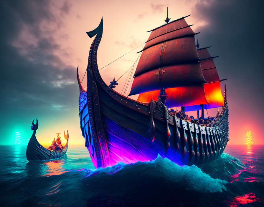 Viking ship sailing on glowing sea at dusk