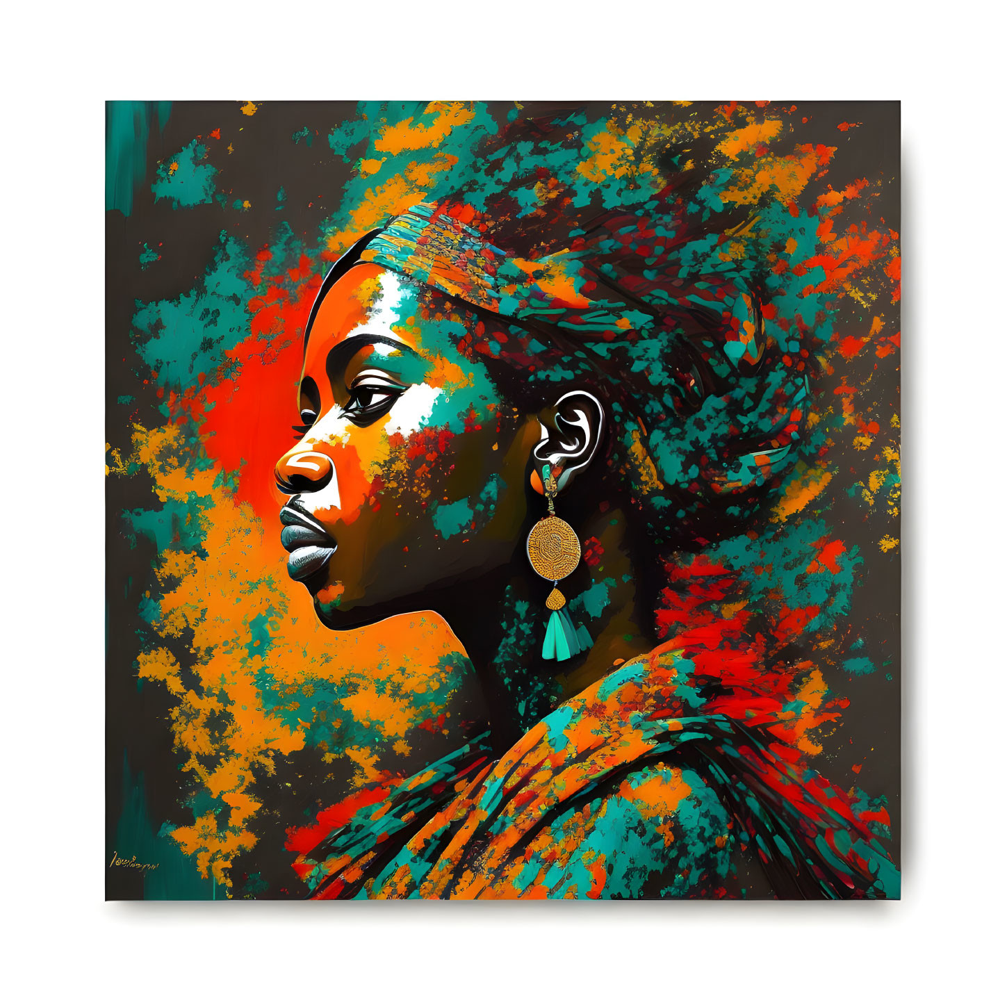 Vibrant portrait of a woman with headwrap and earring on colorful paint background