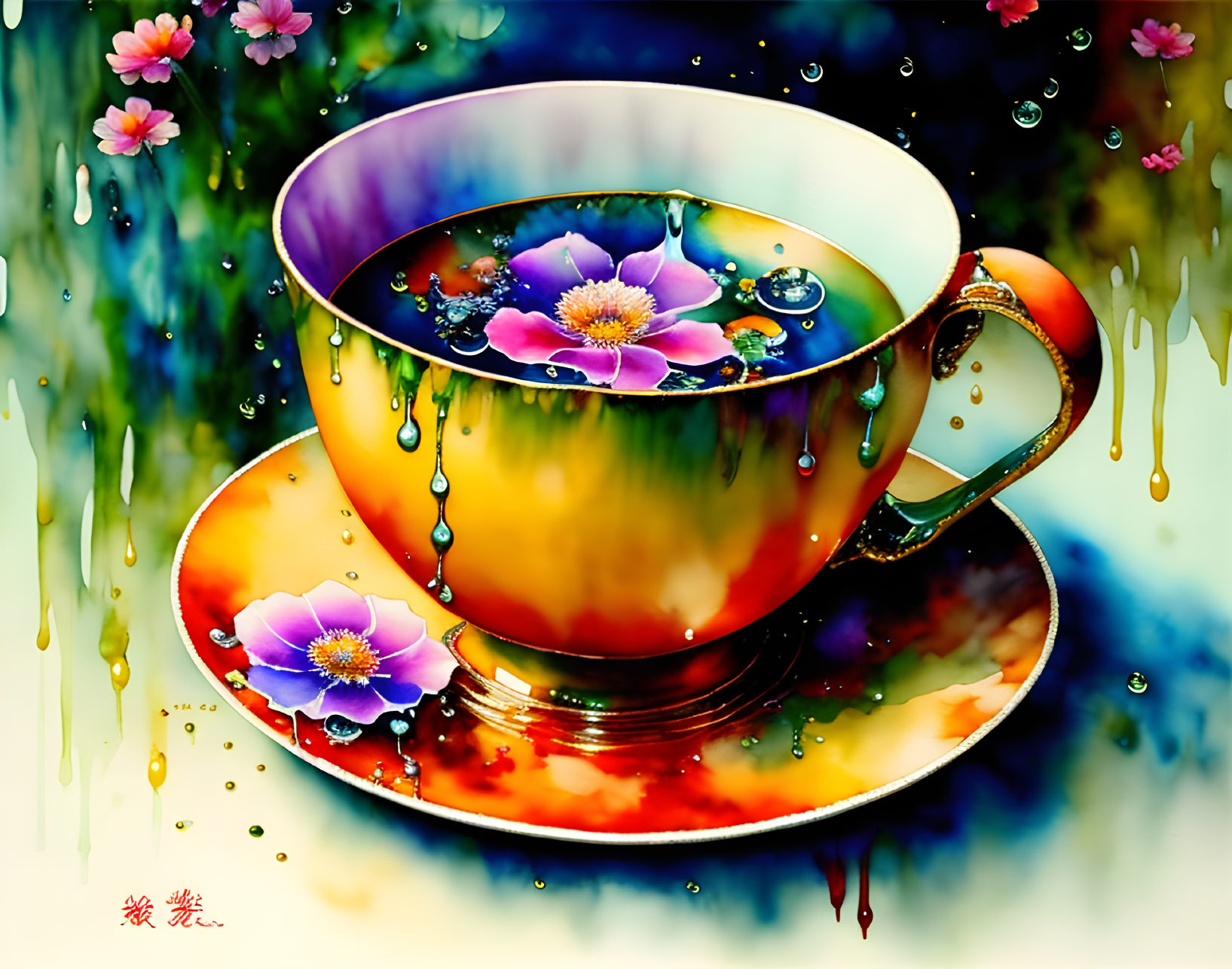 Colorful Teacup Artwork with Liquid Splashes and Flowers