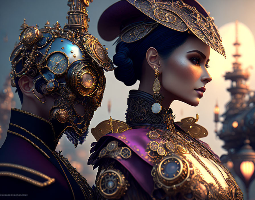 Steampunk couple with clockwork man and ornate woman gazing afar