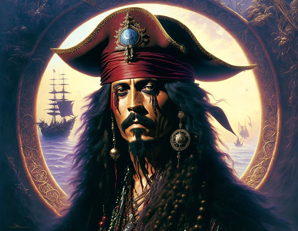 Fictional pirate with tricorne hat and jewelry against ship backdrop