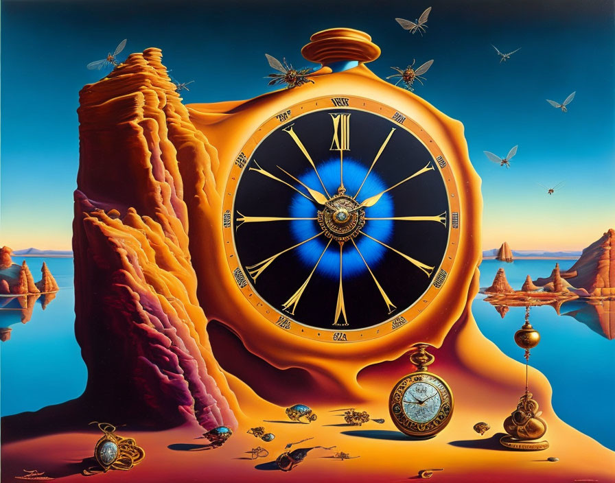 Surrealist painting: Melting clock in desert with cliffs, butterflies, pocket watches.