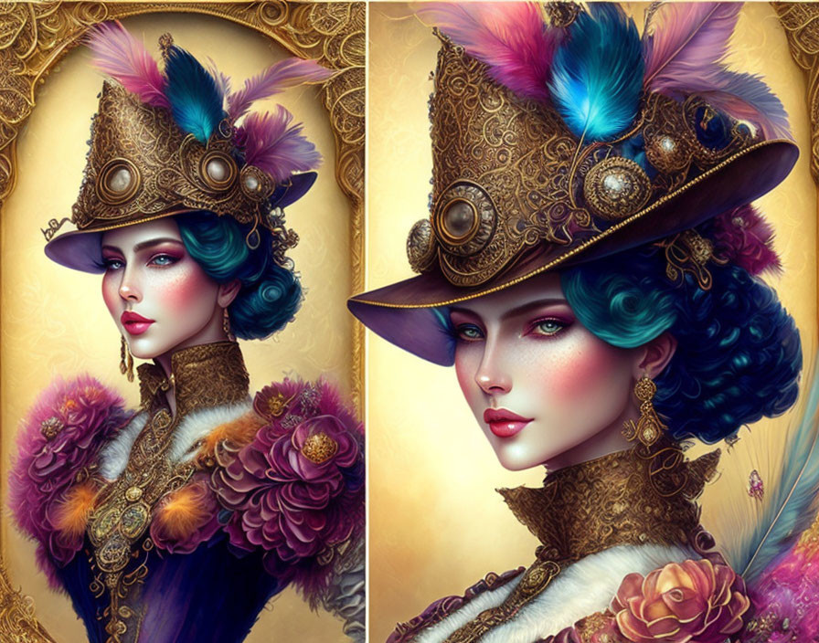 Stylized portraits of woman with blue hair in steampunk hats & Victorian attire