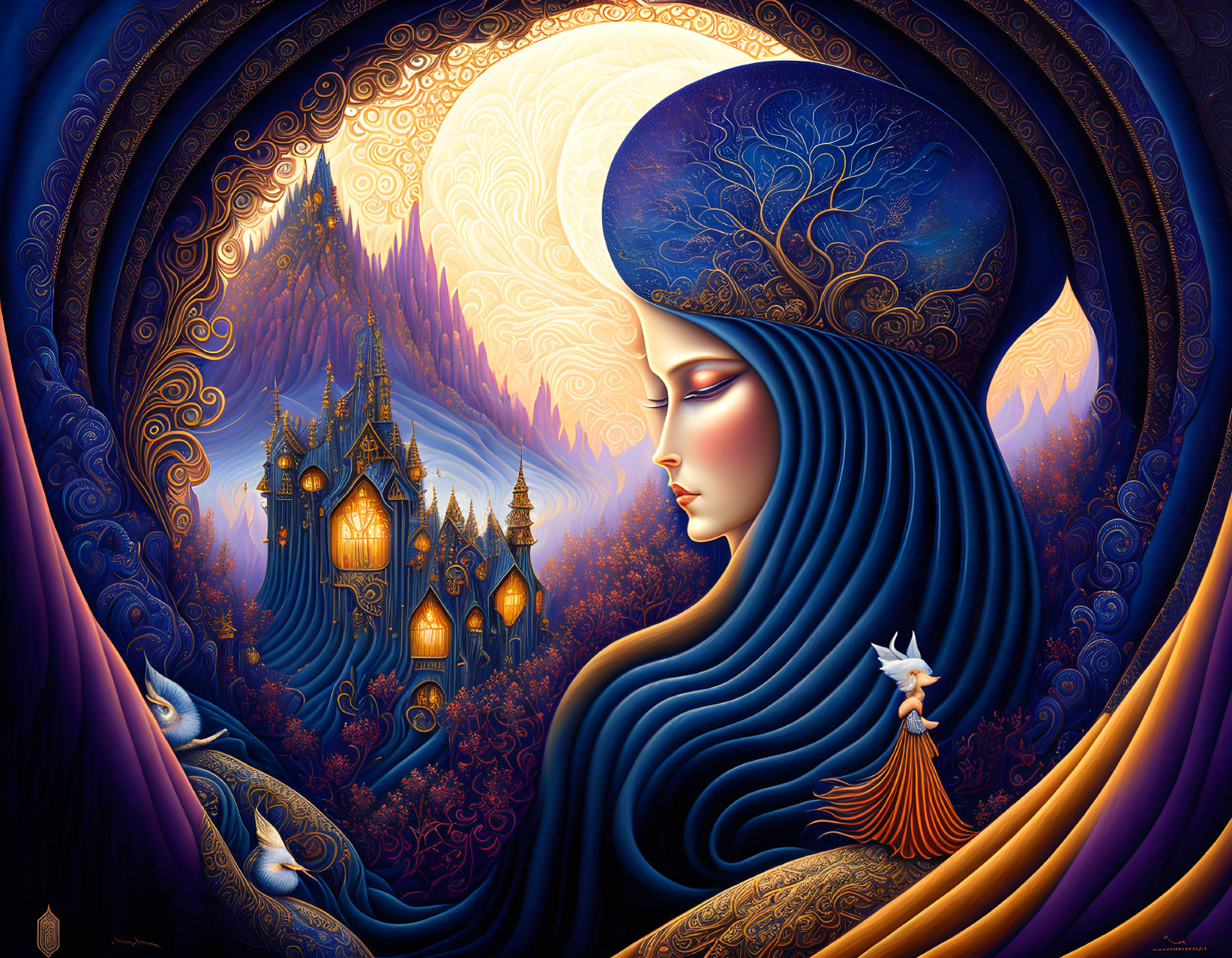 Stylized image of woman with flowing hair in fantastical landscape