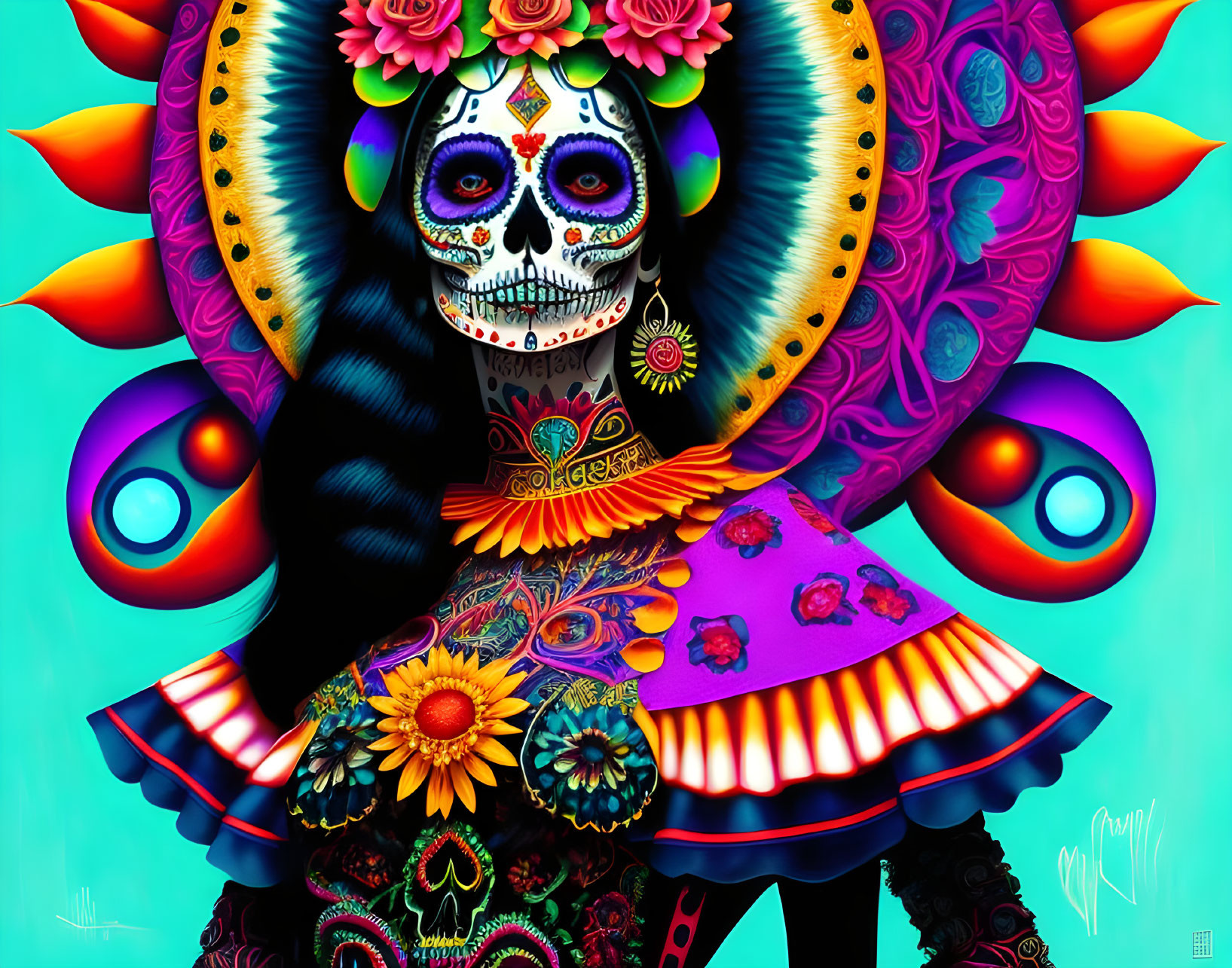 Colorful Dia de los Muertos Skeleton Artwork with Decorated Skull