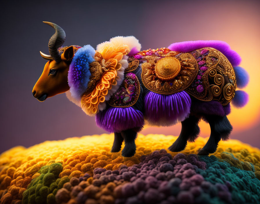 Fantastical sheep-like animal with decorative saddle in vibrant landscape