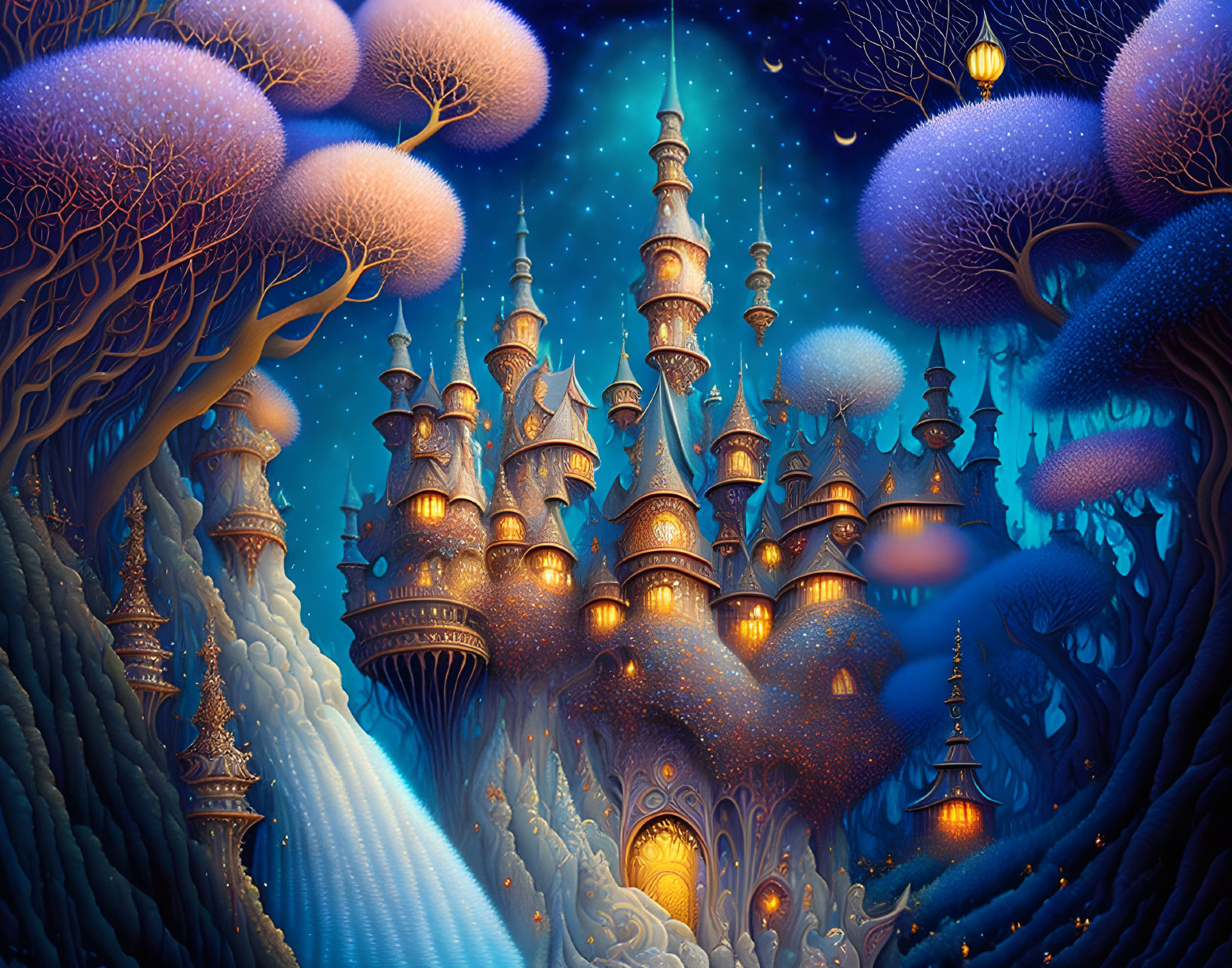 Fantastical night landscape with towering, multi-spired structures and luminescent trees.