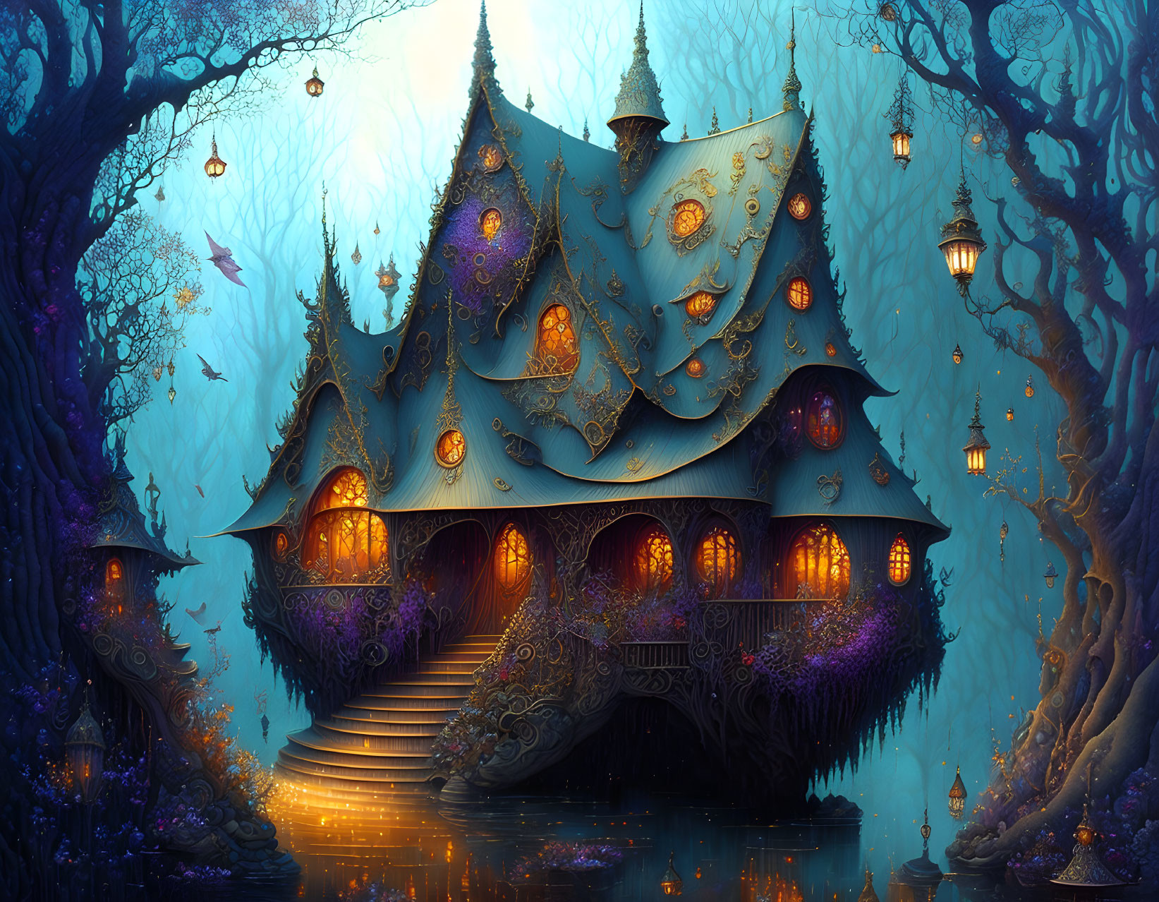 Enchanting fantasy house in mystical blue forest with glowing windows