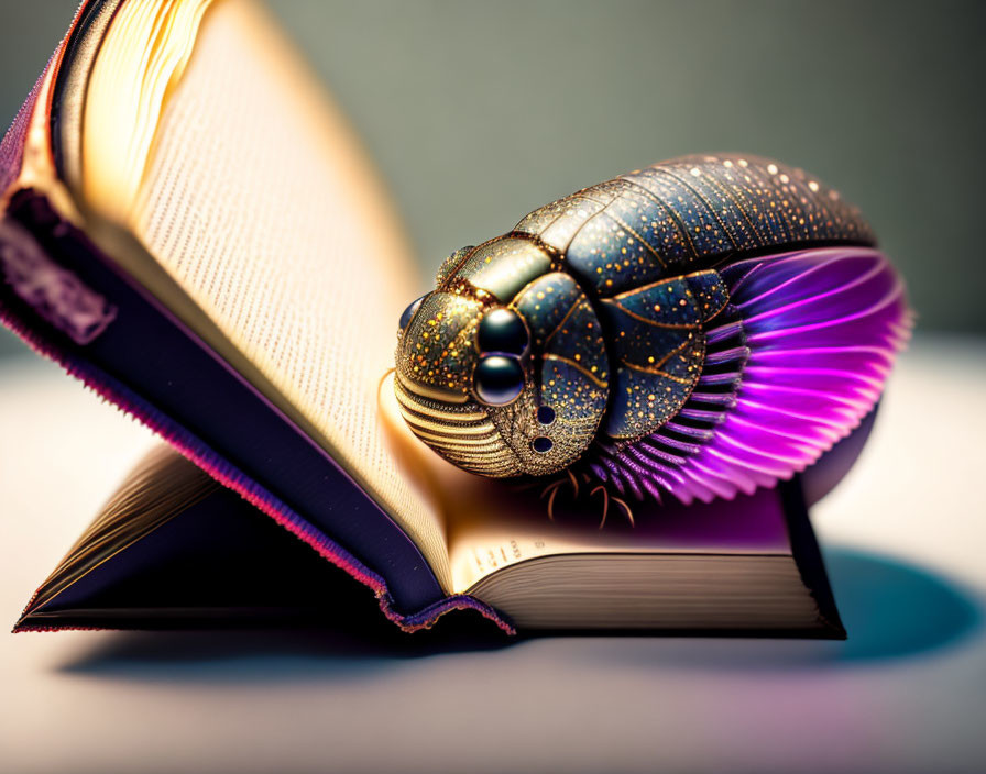 Metallic beetle sculpture on open book with colorful pages and soft lighting