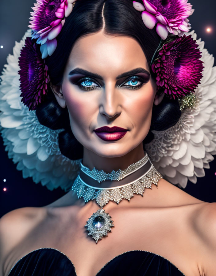 Woman with Blue Eyes and Dramatic Makeup in Starry Setting