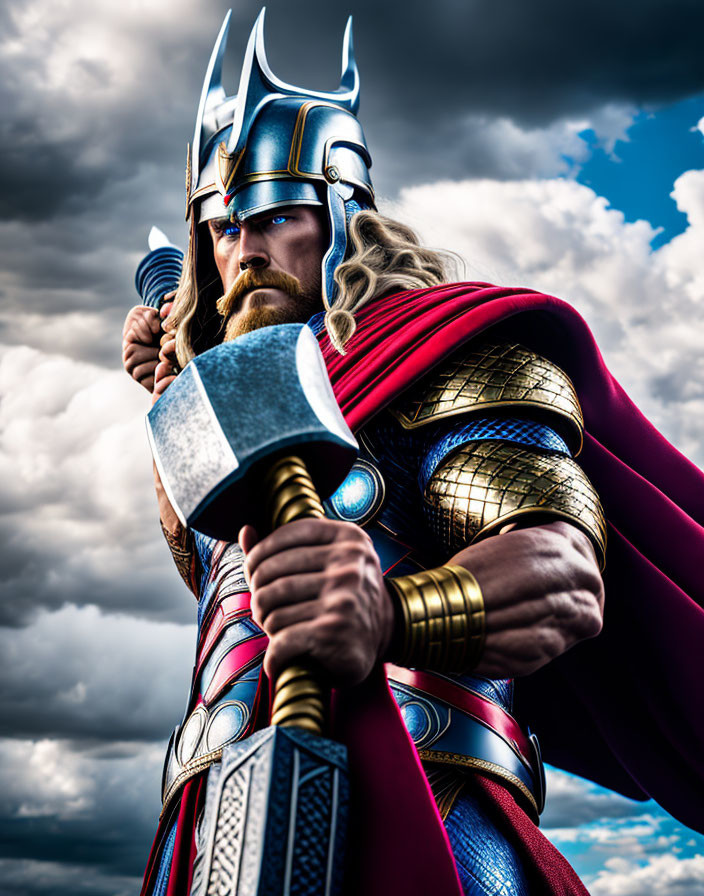 Detailed Thor Costume with Red Cape and Silver Hammer Pose Under Dramatic Sky