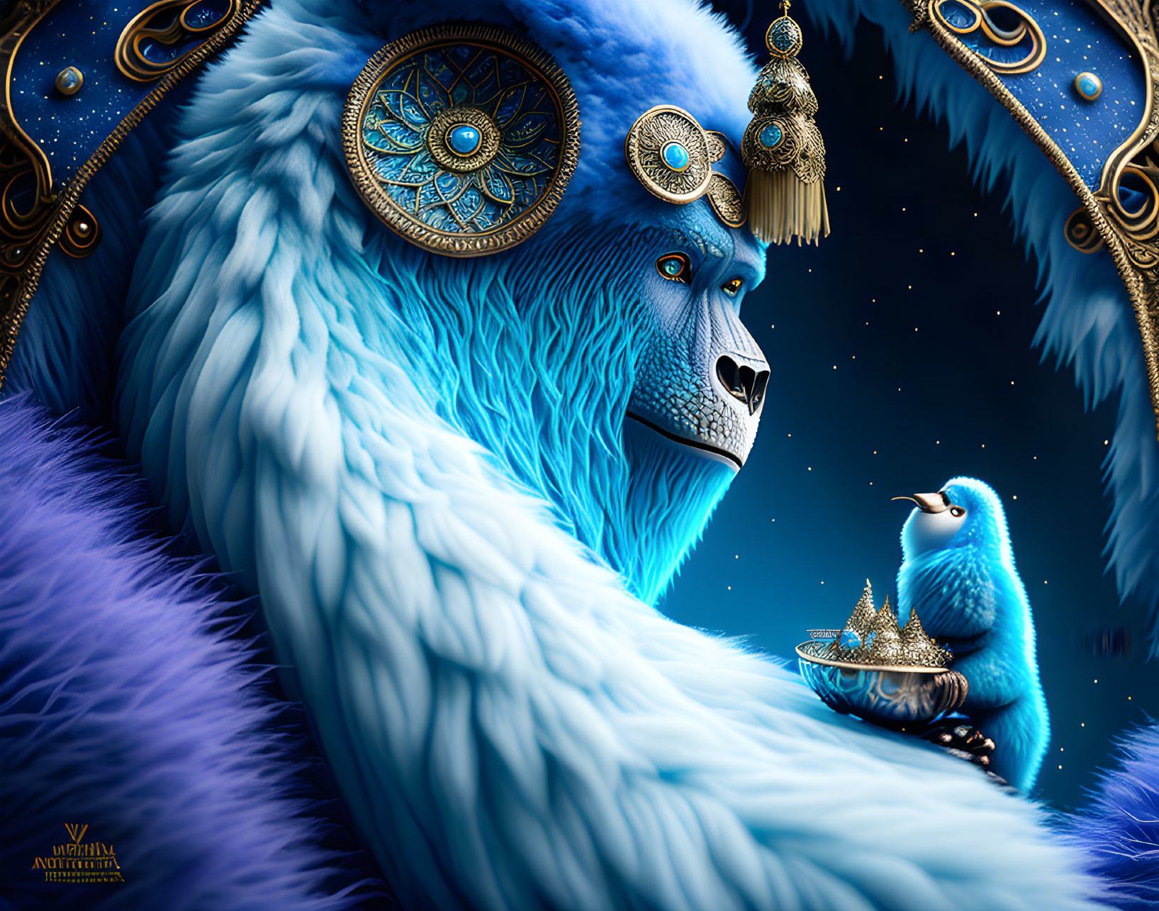 Blue regal ape-like creature with golden headdresses gazing at small bird on hand.