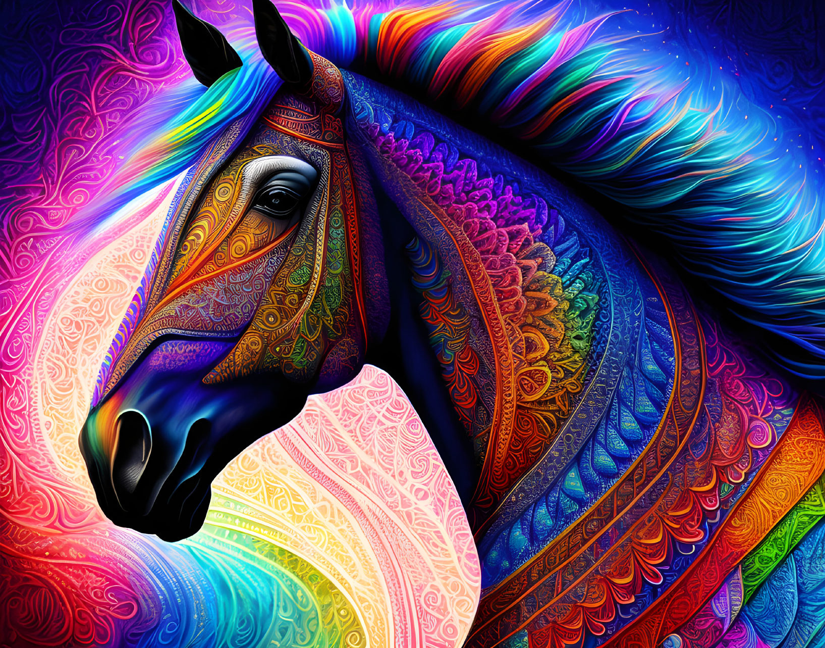 Colorful digital art: Horse with neon mane and intricate patterns