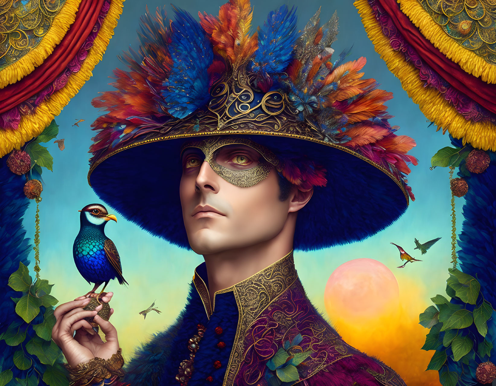 Regal figure in ornate attire with bird in colorful, fantastical backdrop