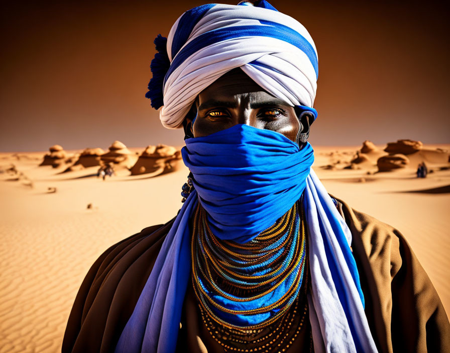Person wearing blue turban and colorful necklaces in desert landscape