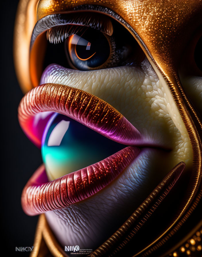 Detailed Vibrant Artistic Makeup Design with Gold Textures and Multi-Colored Lips