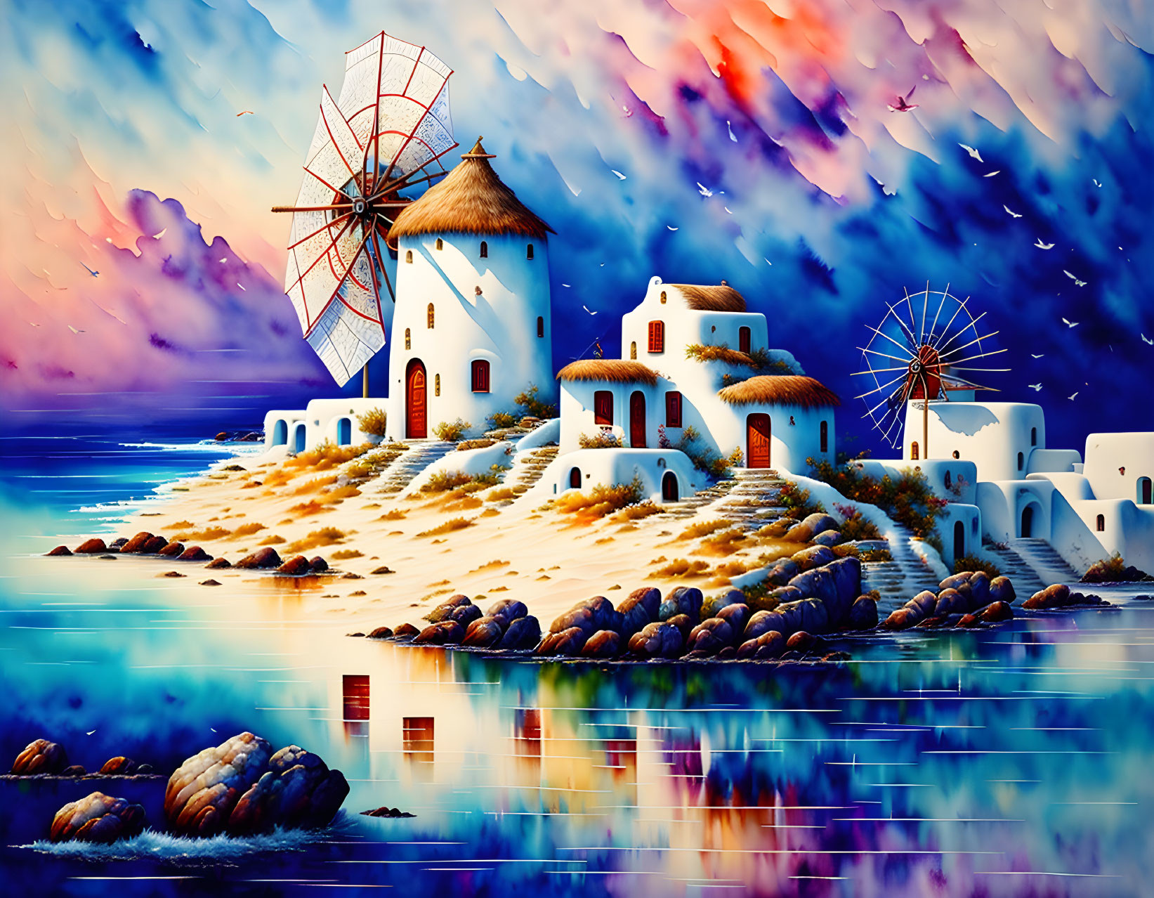 Colorful Mediterranean Coastal Buildings and Windmills under Dynamic Sky